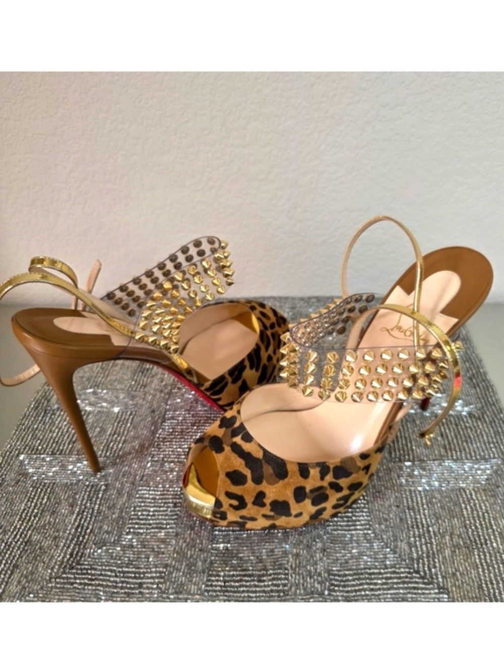 Christian Louboutin Levitagirl 120 Gold Spiked Leather Suede Leopard Heels EU39 - Picture 5 of 16